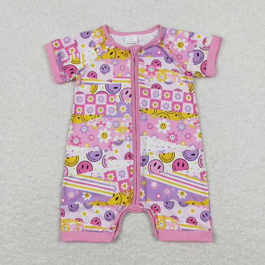 Baby Infant Girls Pink Flowers Smile Zip Rompers