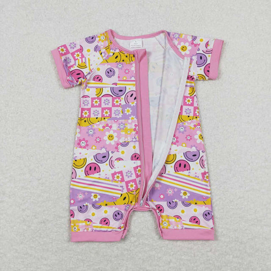 Baby Infant Girls Pink Flowers Smile Zip Rompers