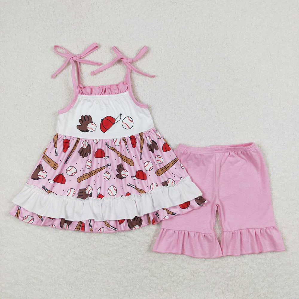 Baby Girls Pink Baseball Straps Tunic Top Ruffle Shorts Outfits Clothes Sets