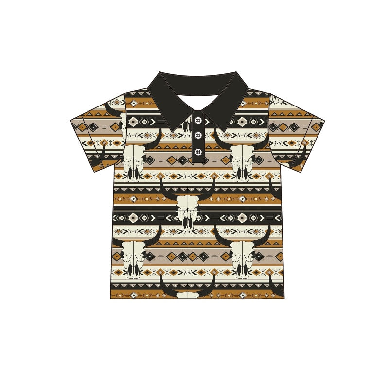 Baby Boys Western Brown Aztec Cow Skull Short Sleeve Tee Shirts Tops preorder(moq 5)