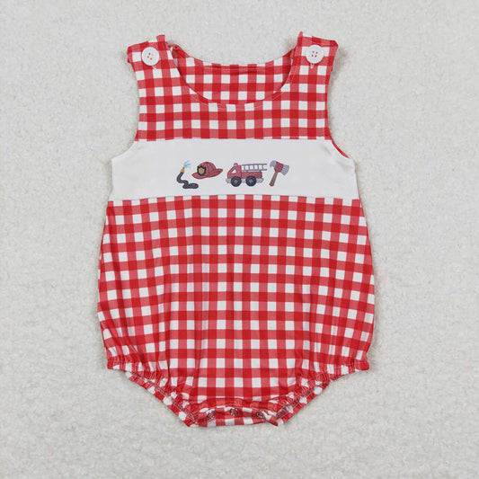 Baby Infant Boys Fire Truck Checkered Summer Sleeveless Rompers