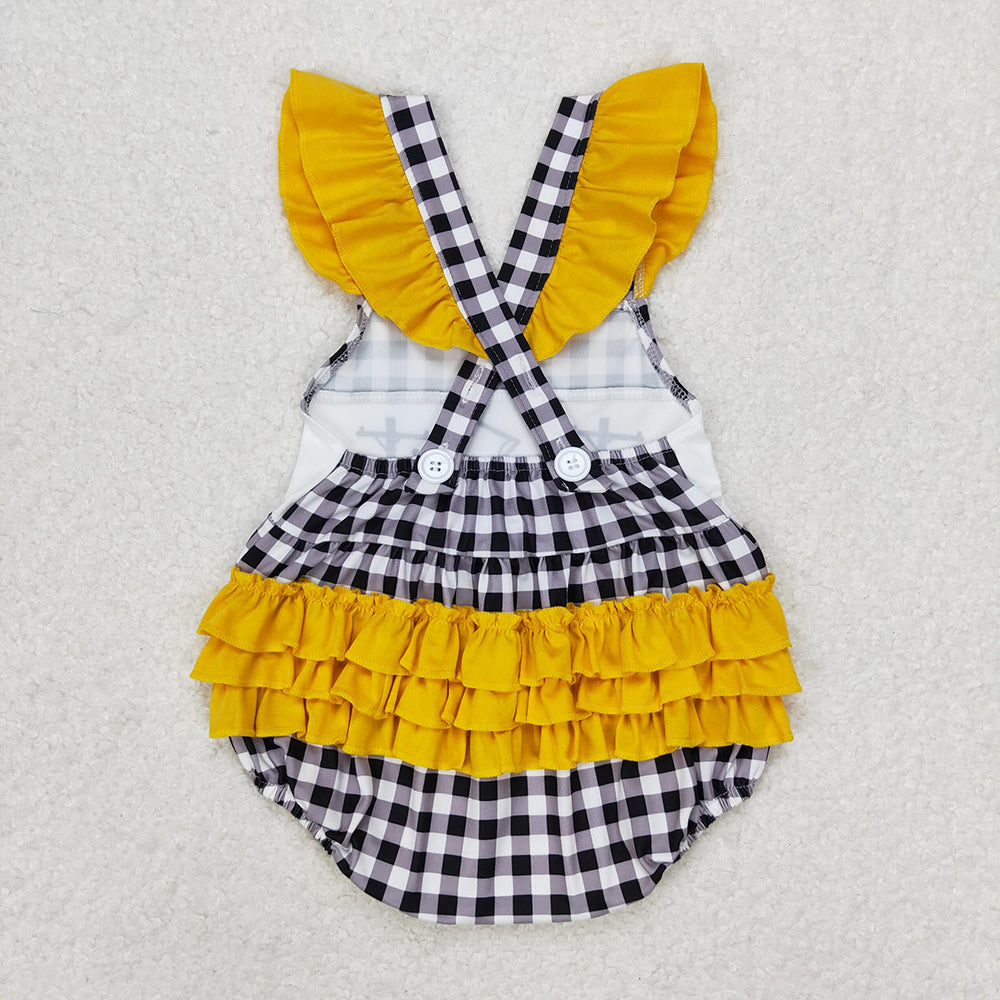 Baby Infant Girls Line Man Black Checkered Ruffle Summer Rompers