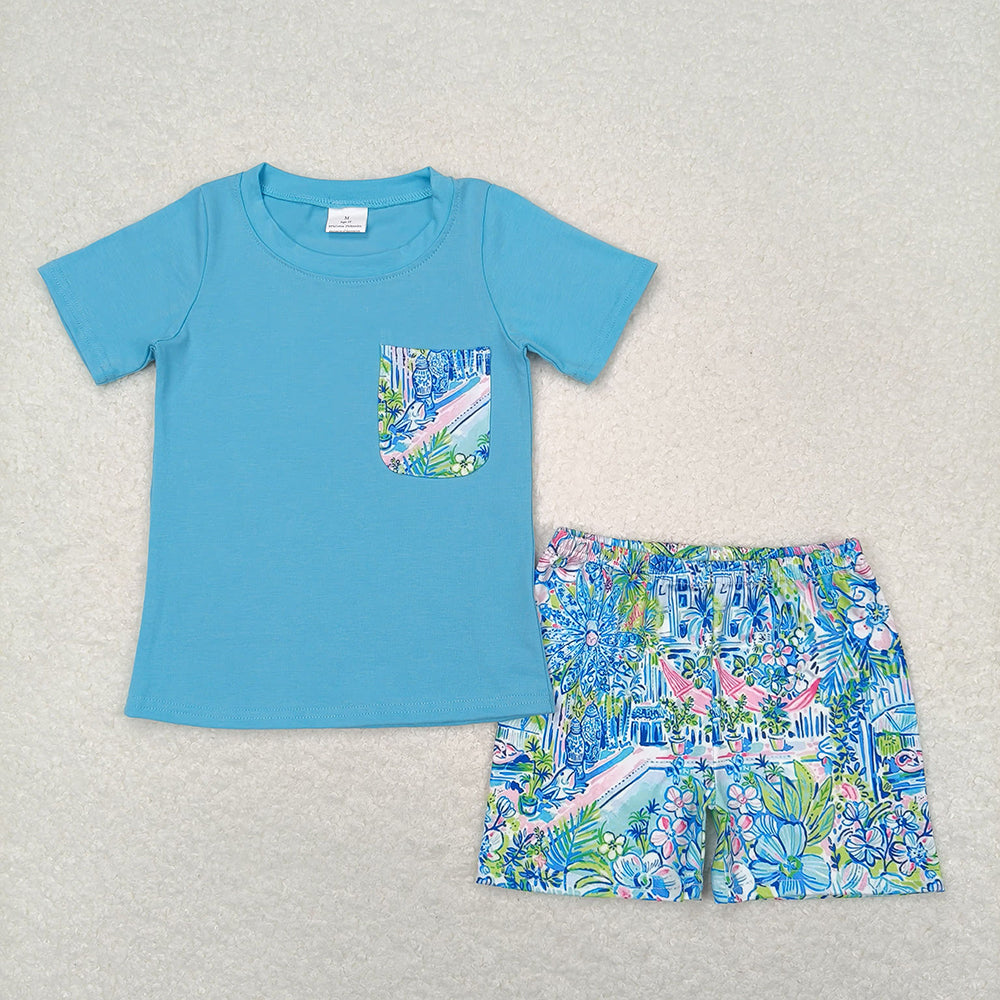 Baby Boys Blue Short Sleeve Tee Shirts Tops Flowers Shorts Clothes Sets