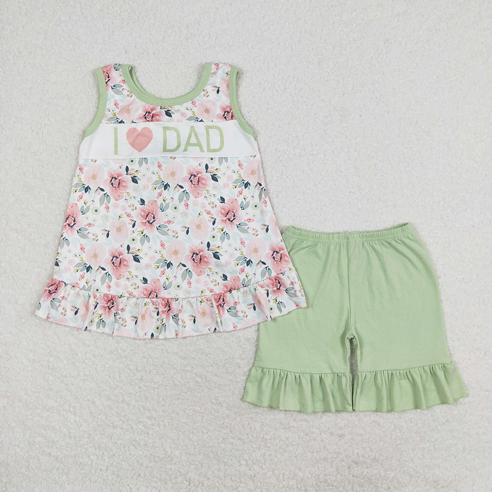 Baby Girls I Love Dad Green Flowers Tunic Top Shorts Clothes Sets