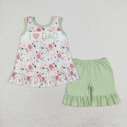 Baby Girls I Love Dad Green Flowers Tunic Top Shorts Clothes Sets