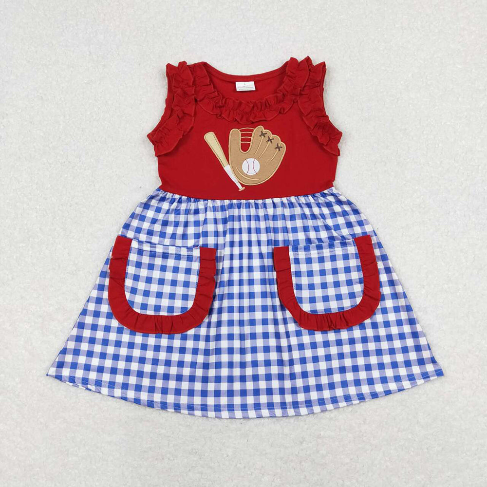 Baby Girls Red Blue Baseball Pockets Knee Length Dresses