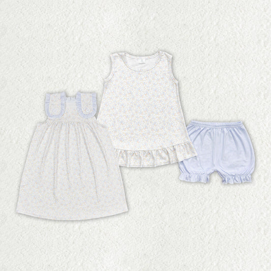 Baby Girls Blue Small Flowers Sibling Sister Clothes Sets Dresses