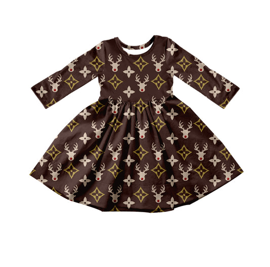 Baby Girls Reindeer Brown Twirl Dresses preorder(moq 5)