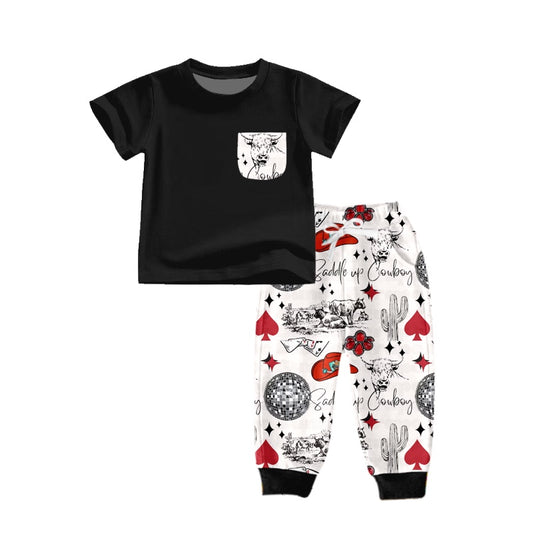 Baby Boys Western Black Tee Cow Cactus Pants Clothes Sets preorder(moq 5)