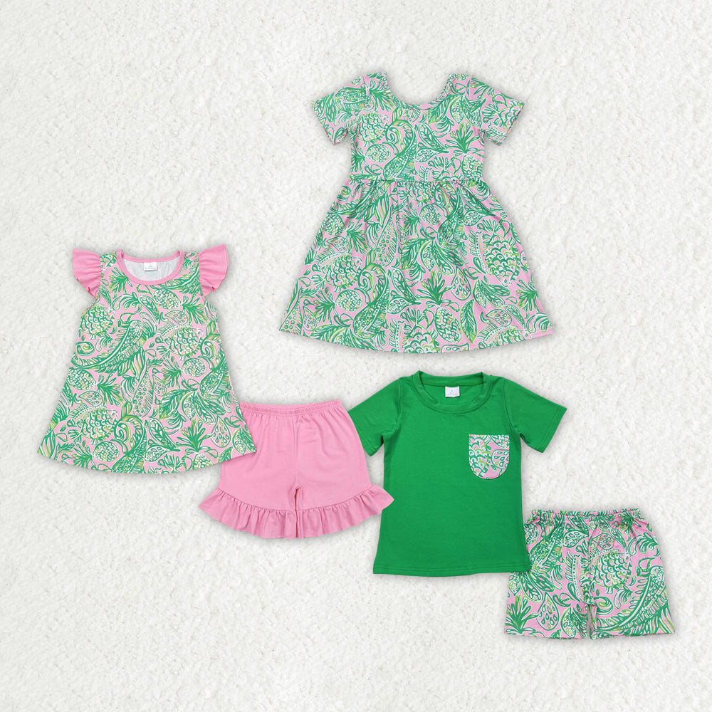 Baby Girls Green Leaves Fish Boys Sibling Summer Outfits Clothes Sets