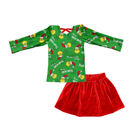 Baby Girls Christmas Green Frog Print Shirt Skirt 2pcs Clothing Sets preorder(moq 5)