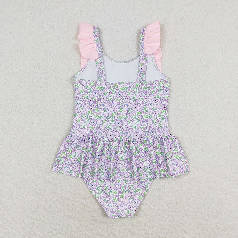 Baby Girls Summer Lavender Flowers One Piece Swimsuits