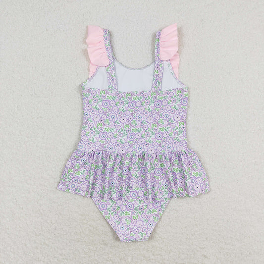 Baby Girls Summer Lavender Flowers One Piece Swimsuits