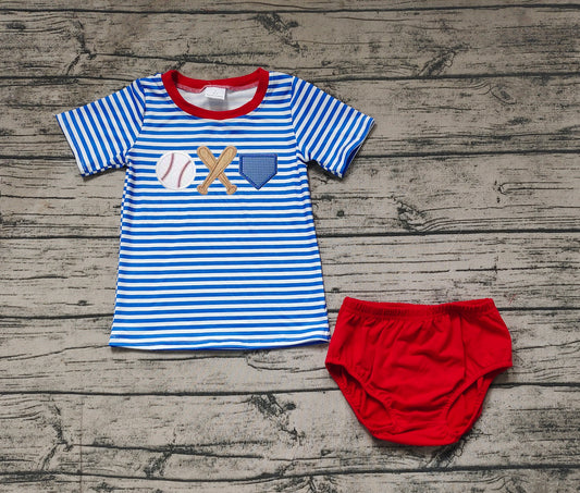 Baby Boys Blue Stripes Baseball Shirts Top Bummies Clothes Sets