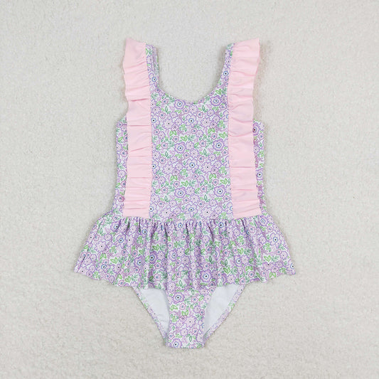 Baby Girls Summer Lavender Flowers One Piece Swimsuits