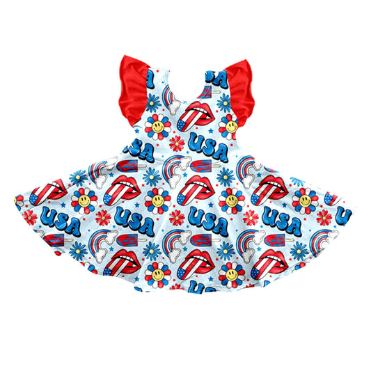 Baby Girls Flutter Sleeve 4th of July Flowers Knee Length Dresses preorder(moq 5)