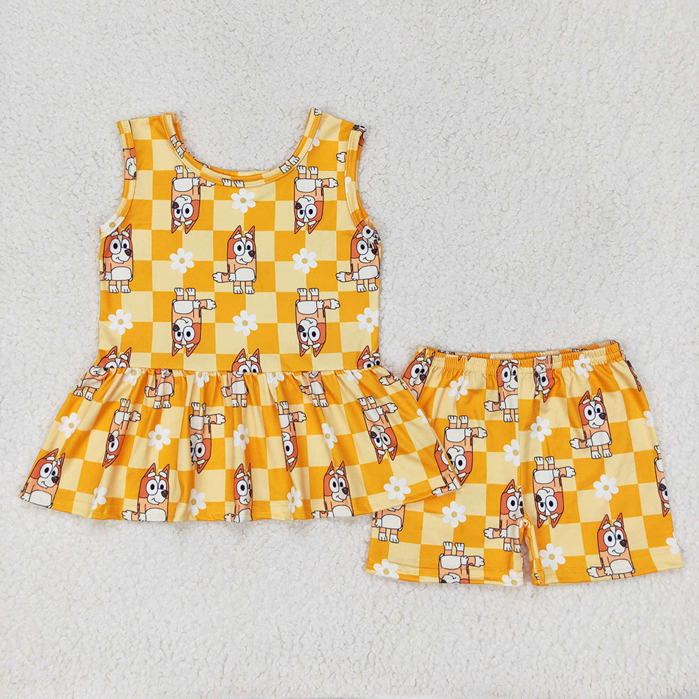 Baby Girls Orange Dogs Flowers Tunic Top Shorts Clothes Sets