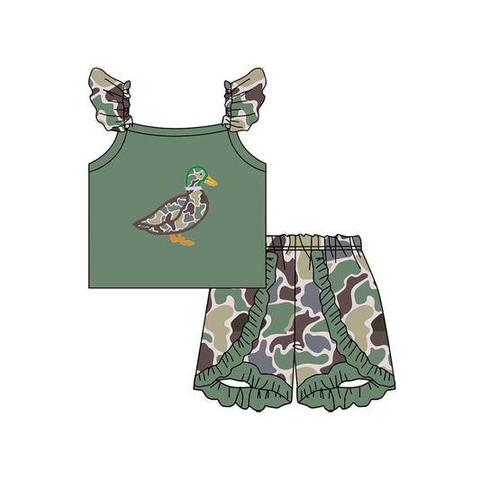 Preorder moq 5 Baby Girls Flutter Sleeves Camo Duck Top Ruffle Short Sets