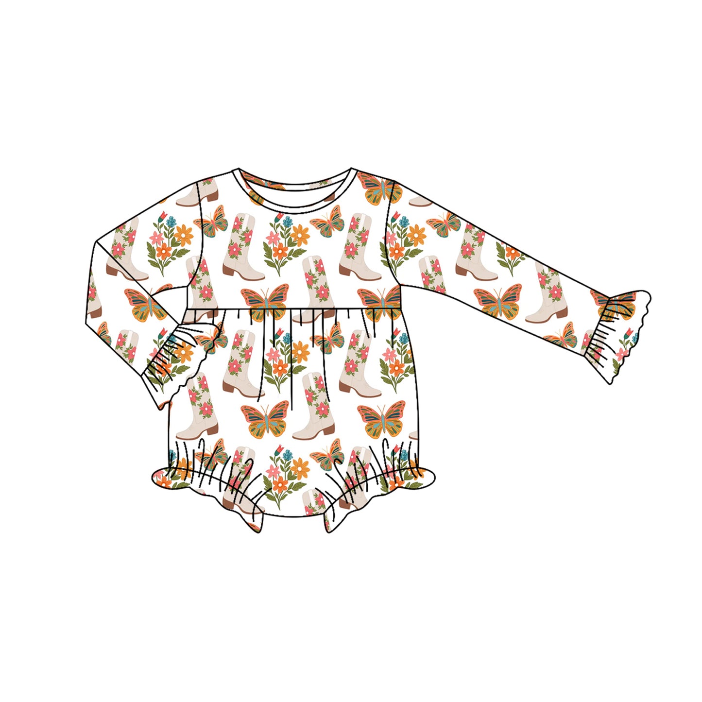 Preorder moq 5 Baby Infant Girls Long Sleeves Butterfly Floral Boots Plaid Ruffle Romper