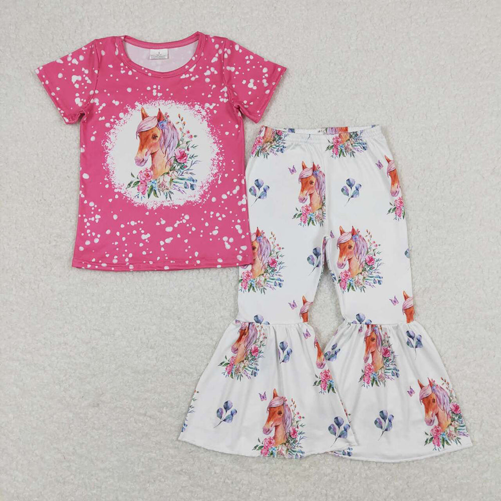 Baby Girls Western Horse Shirt Bell Pants Clothes Sets