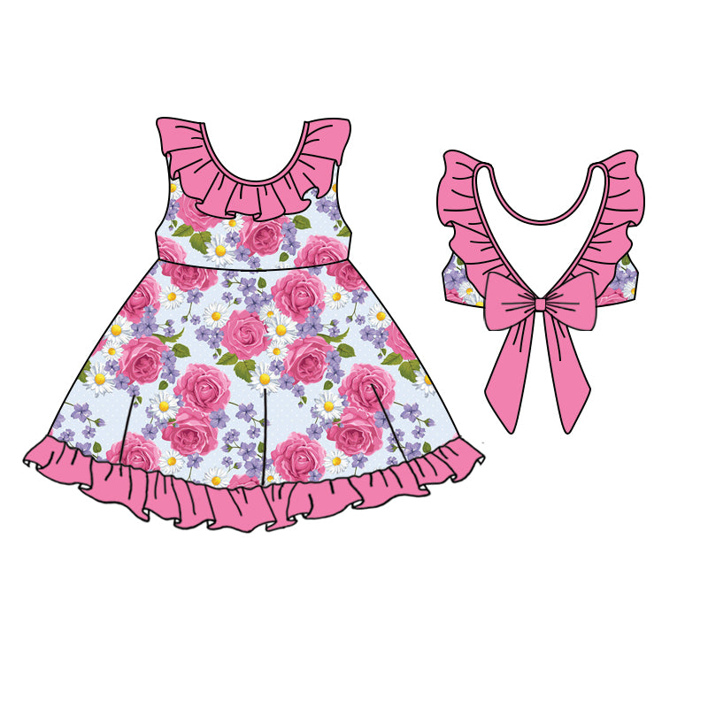 Baby Girls Pink Flowers Ruffle Bows Knee Length Dresses preorder(moq 5)