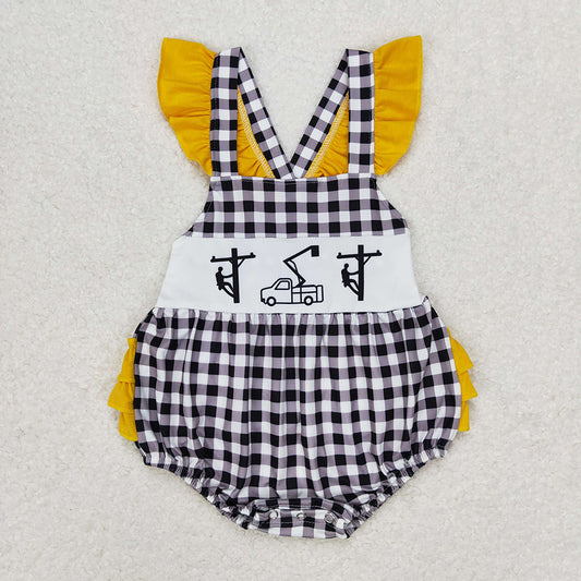 Baby Infant Girls Line Man Black Checkered Ruffle Summer Rompers