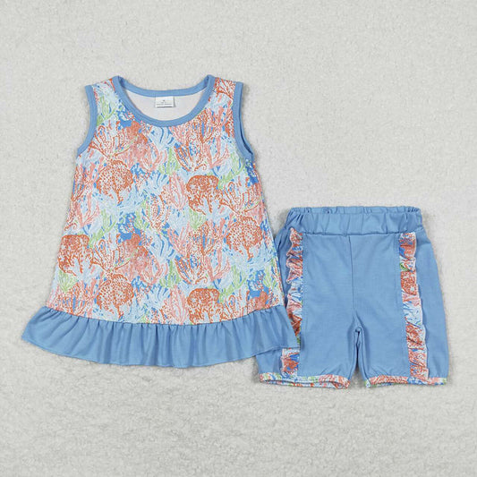 Baby Girls Water Flowers Tunic Top Ruffle Shorts Clothes Sets