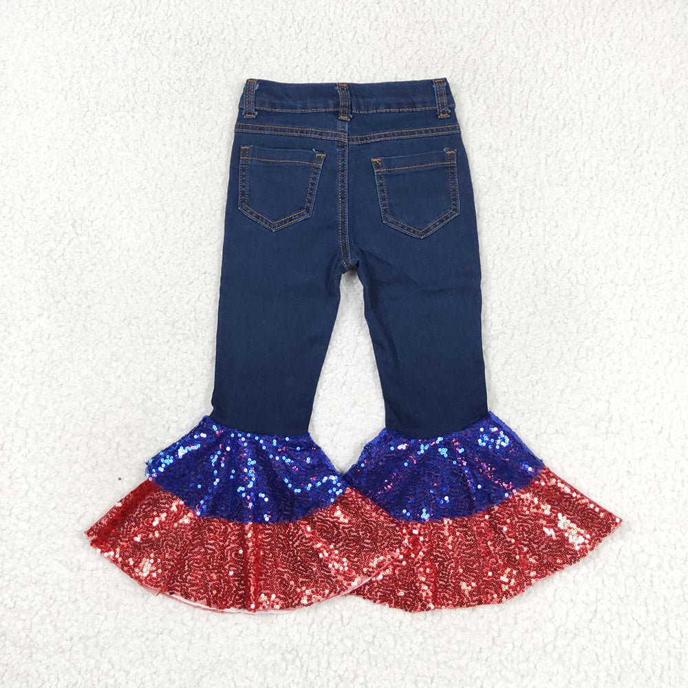 Baby Girls 4th Of July Denim Sequin Bell Bottom Pants Jeans