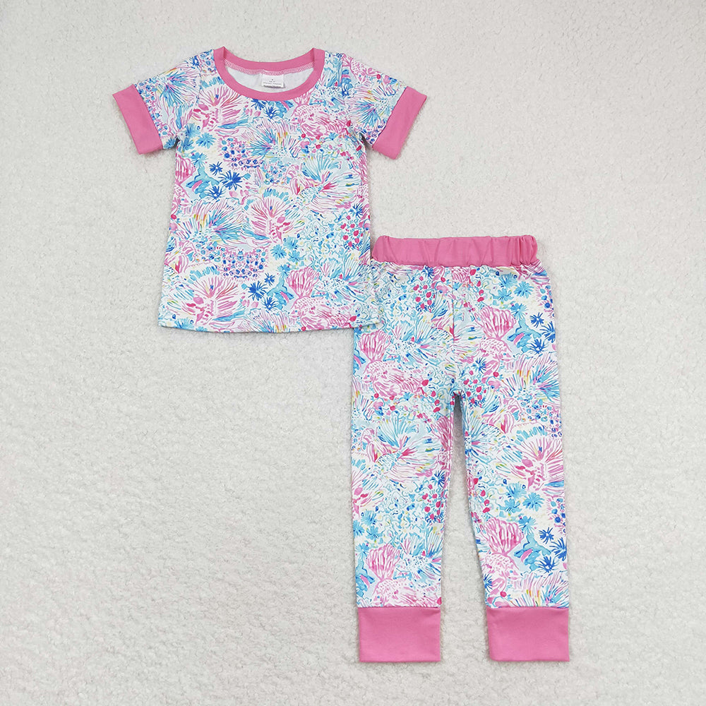 Baby Girls Pink Flowers Short Sleeve Tee Shirt Pants Pajamas Clothes Sets