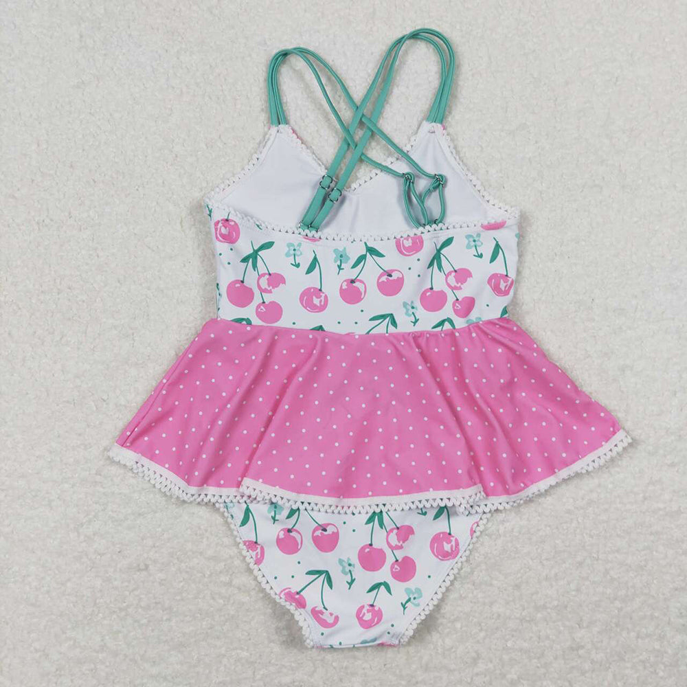 Baby Girls Cherry Pink Green Ruffle One Piece Swimsuits