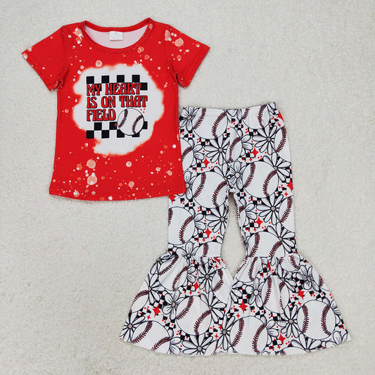 Baby Girls Baseball Red Top Flowers Bell Pants Clothes Sets