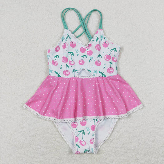 Baby Girls Cherry Pink Green Ruffle One Piece Swimsuits