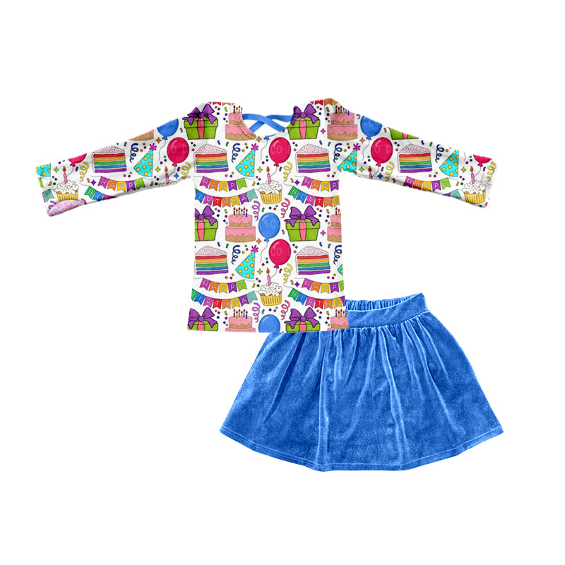 Baby Girls Birthday Shirt Blue Skirt 2pcs Clothing Sets preorder(moq 5)