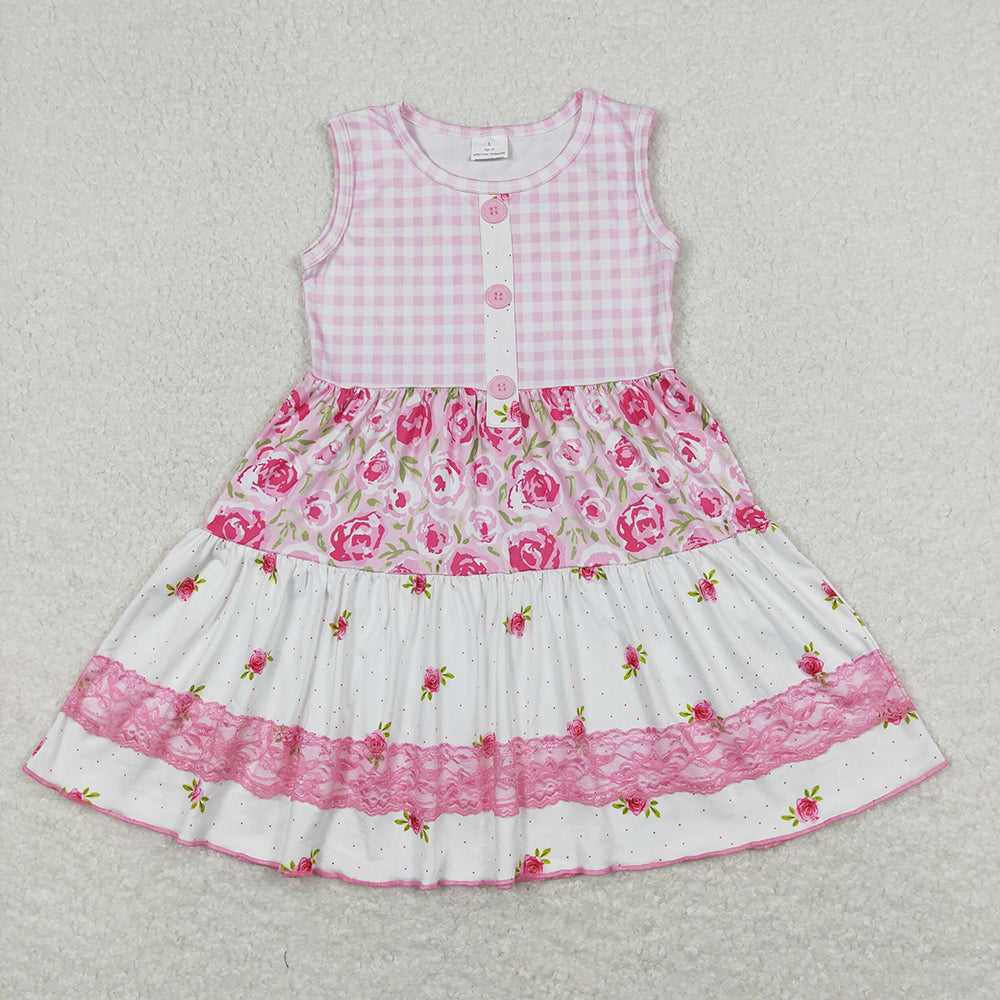 Baby Girls Sleeveless Floral Pink Lace Ruffle Knee Length Dresses