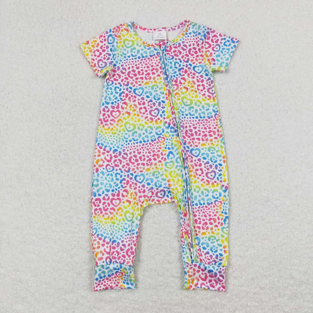 Baby Infant Girls Colorful Leopard Zip Short Sleeve Rompers