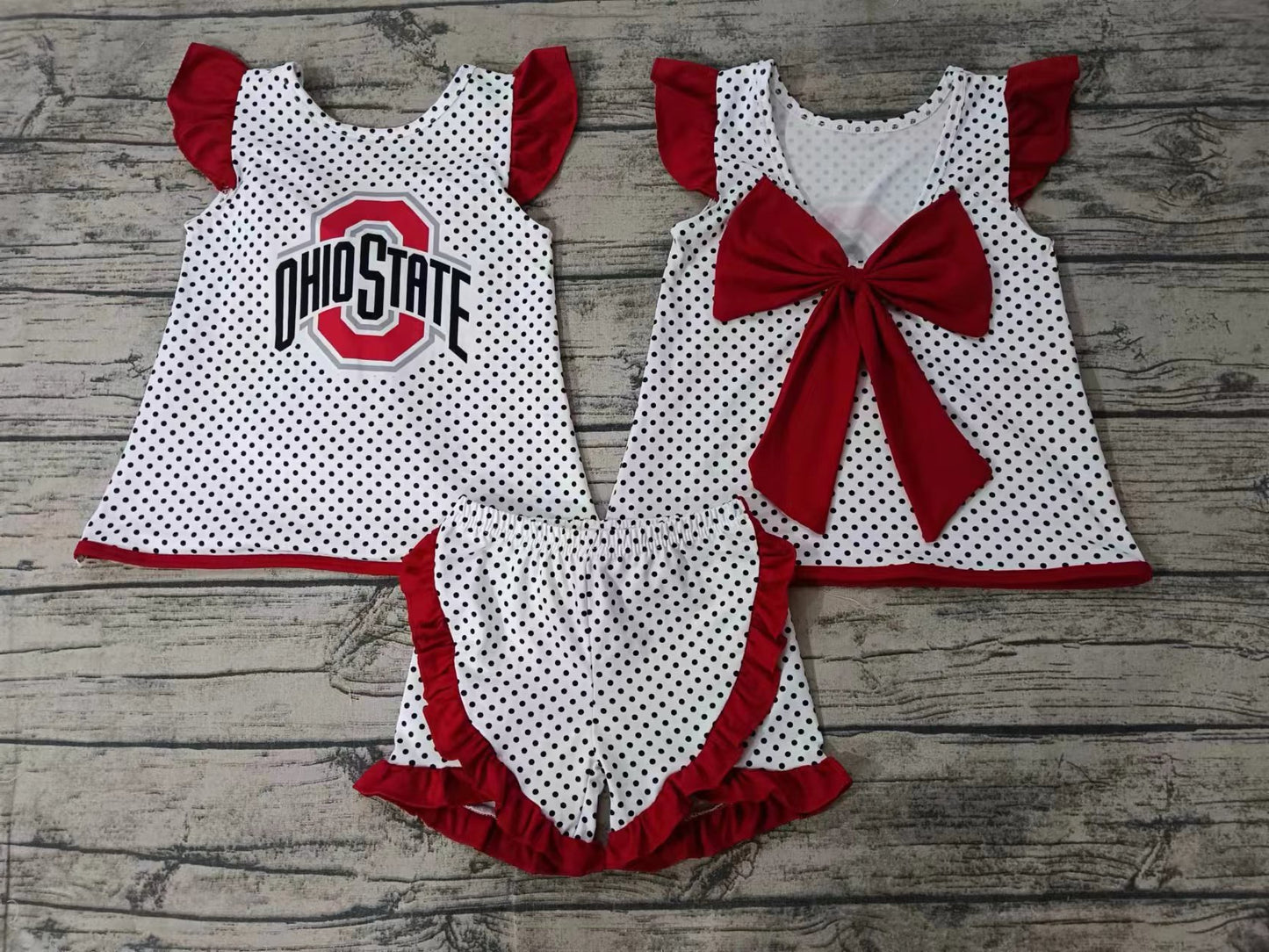 Baby Girls Ohiostate Bow Team Top Ruffle Shorts Clothes Sets Preorder(moq 5)