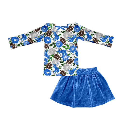 Baby Girls Blue Horse Flowers Football Skirt 2pcs Clothing Sets preorder(moq 5)