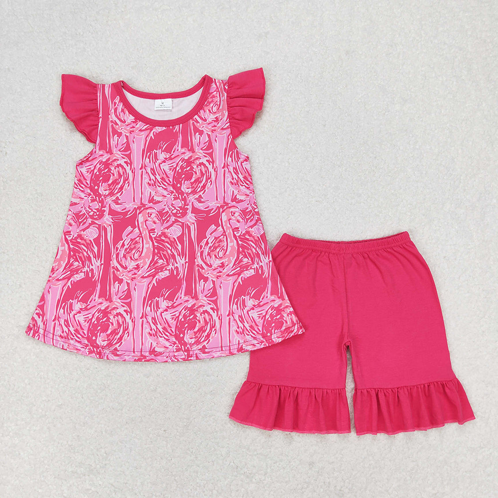 Baby Girls Flamingo Pink Tunic Ruffle Shorts Clothes Sets
