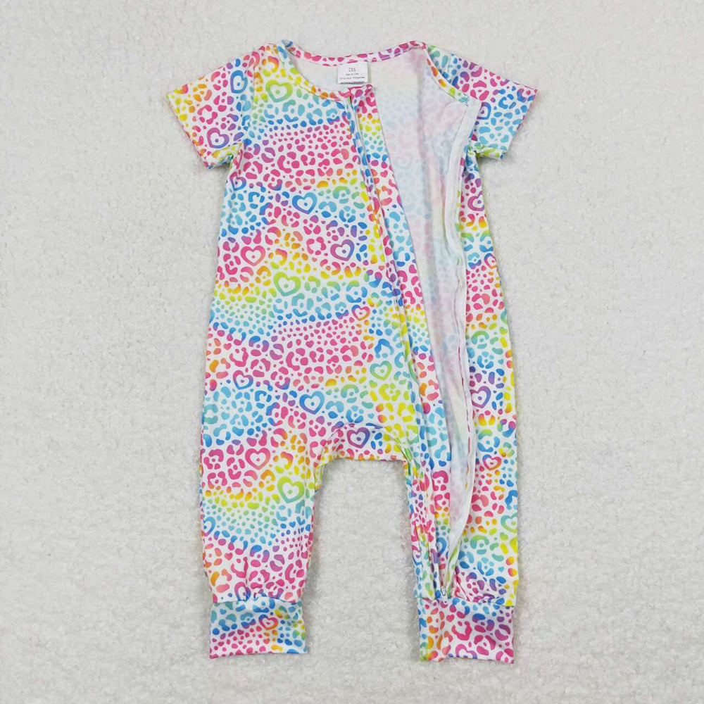 Baby Infant Girls Colorful Leopard Zip Short Sleeve Rompers