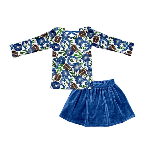 Baby Girls Blue Flowers Football Skirt 2pcs Clothing Sets preorder(moq 5)