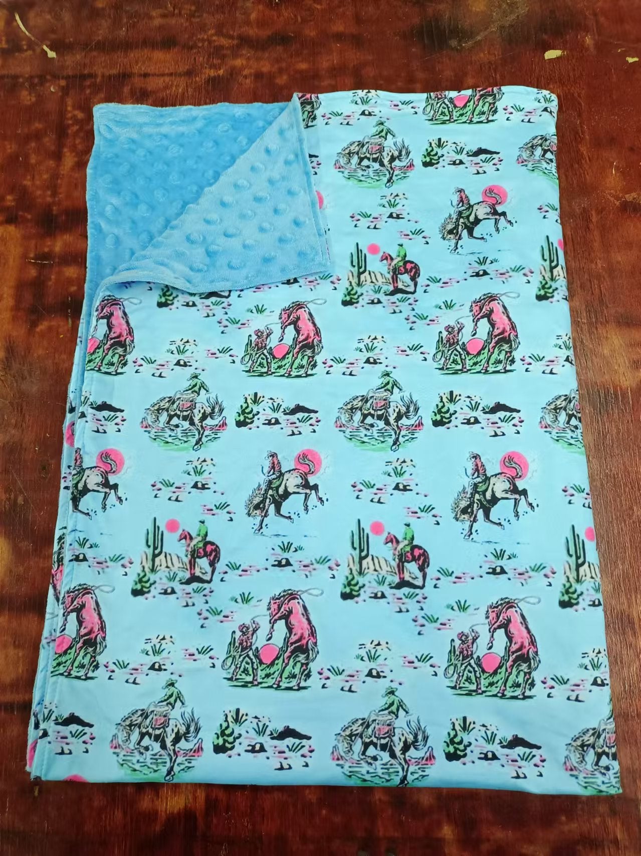 Baby Kids Western Blue Cowboy Rodeo Horse Minky Blankets preorder(moq 5)