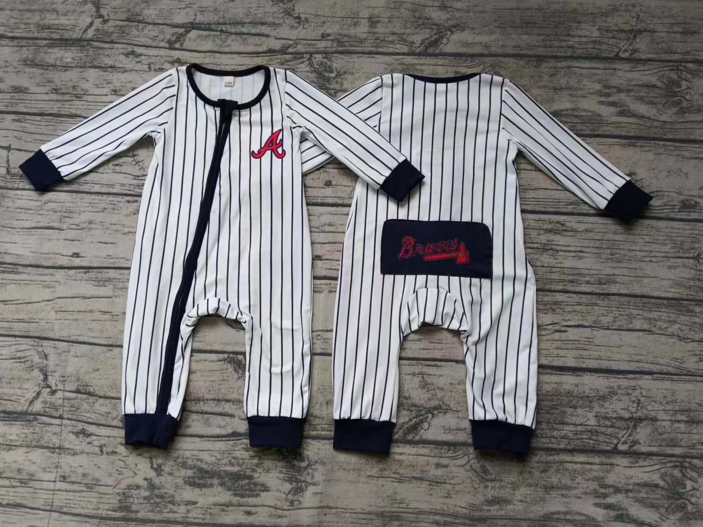 Baby Boys Braves Stripes Zip Long Sleeve Rompers preorder(moq 5)