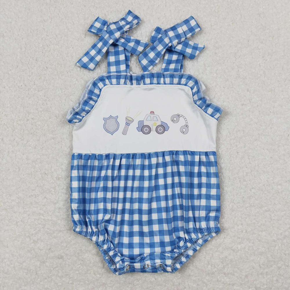 Baby Infant Girls Police Blue Checkered Summer Straps Rompers