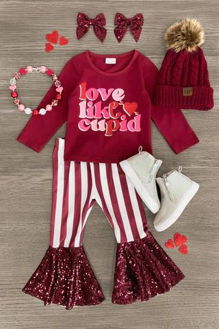 Baby Girls Love Like Cupid Tee Shirts Stripes Bell Pants Clothes Sets preorder(moq 5)