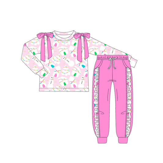 Preorder (moq 5)Baby Girls Long Sleeves Christmas Trees Snowman Top Pocket Leggings Pants Set