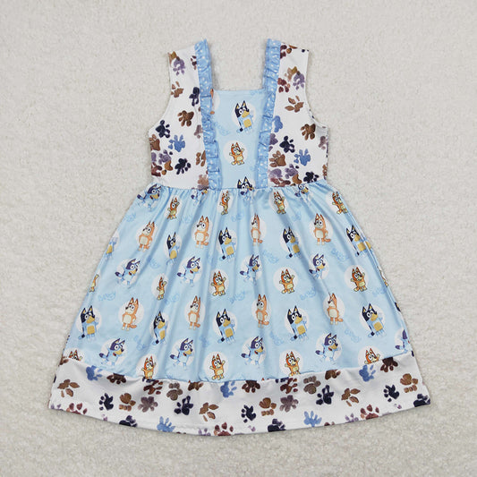 Baby Girls Blue Flowers Dogs Knee Length Dresses