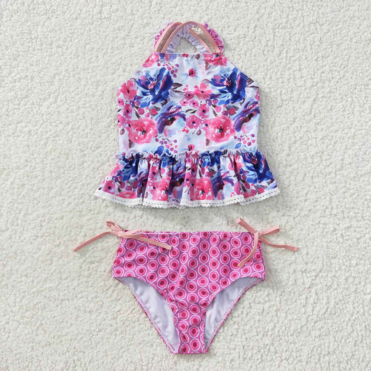 Baby Girls Purple Flowers Top Floral Two Pieces Swimsuits