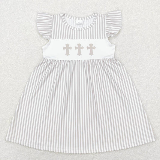 Baby Girls Grey Stripes Easter Cross Knee Length Dresses