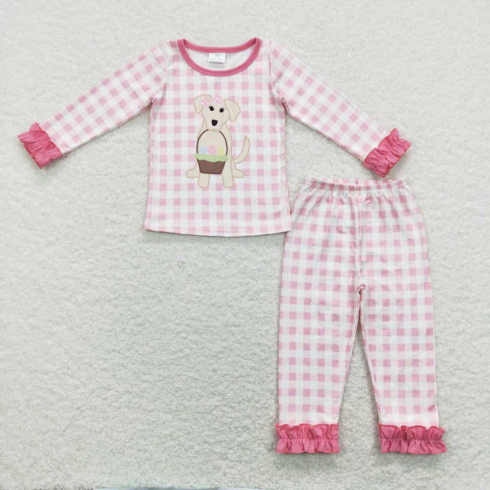 Baby Girls Pink Checkered Dog Easter Eggs Top Pants Pajamas Clothes Sets