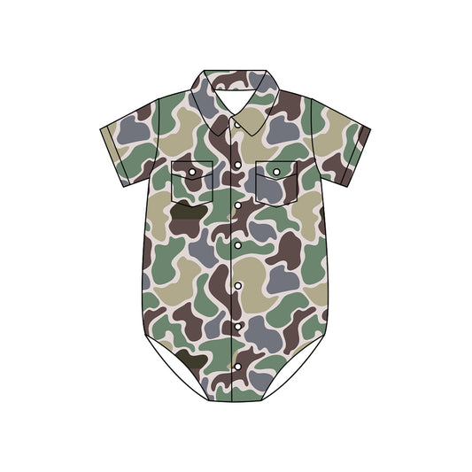 Preorder moq 5 Baby Boys Short Sleeves Green Brown Camo Button Pockets Rompers